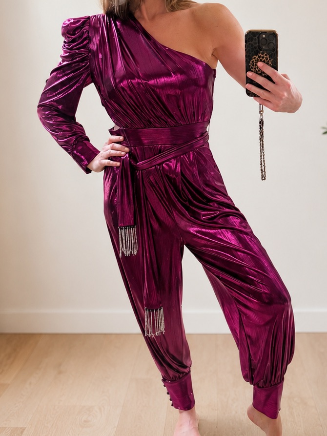 Latiste Metallic Magenta One Shoulder Jumpsuit Rhinestone Fringe Belt Size L
